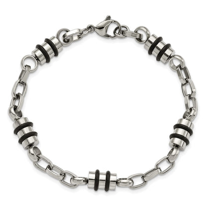 Stainless Steel Chisel Polished With Black Rubber Barrel Link 8 Inch Bracelet