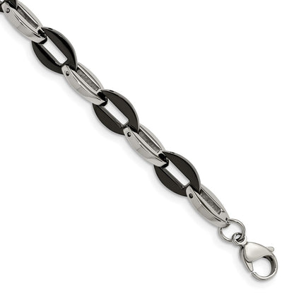 Stainless Steel Chisel Polished Black Ip-Plated Oval Link Chain Bracelet