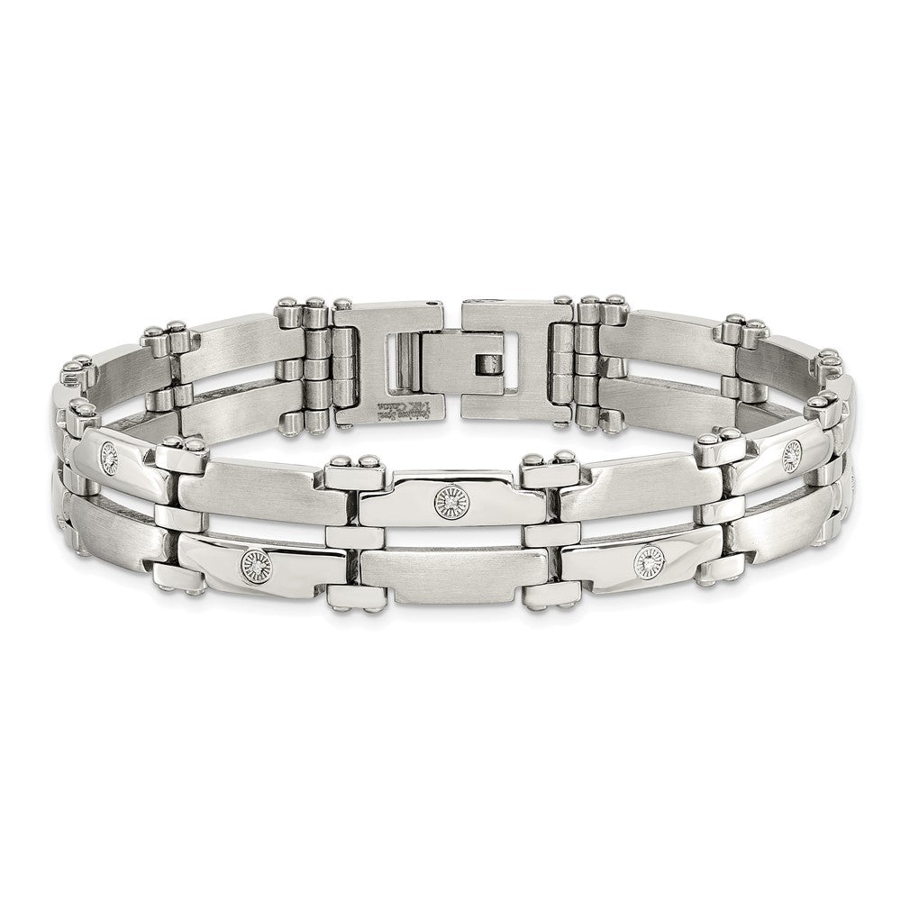 Stainless Steel Chisel Brushed And Polished With Rhodium-Plated 14K White Gold 1/20 Carat Diamond 8.5 Inch Bracelet