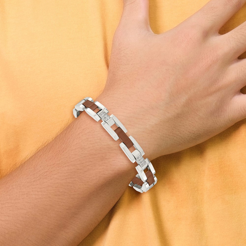Stainless Steel Chisel Brushed And Polished Brown Ip-Plated With 1/4 Carat Diamond 8.5 Inch Bracelet