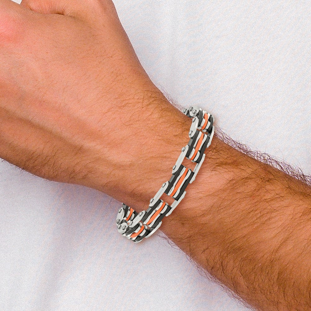 Stainless Steel Chisel Polished With Blakc And Orange Rubber 8.5 Inch Link Bracelet