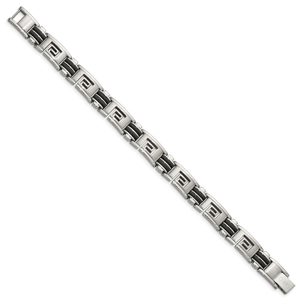 Stainless Steel Chisel Brushed And Polished Black Rubber Inlay Greek Key 8.5 Inch Bracelet