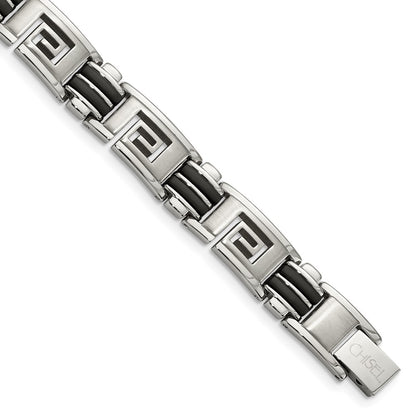 Stainless Steel Chisel Brushed And Polished Black Rubber Inlay Greek Key 8.5 Inch Bracelet