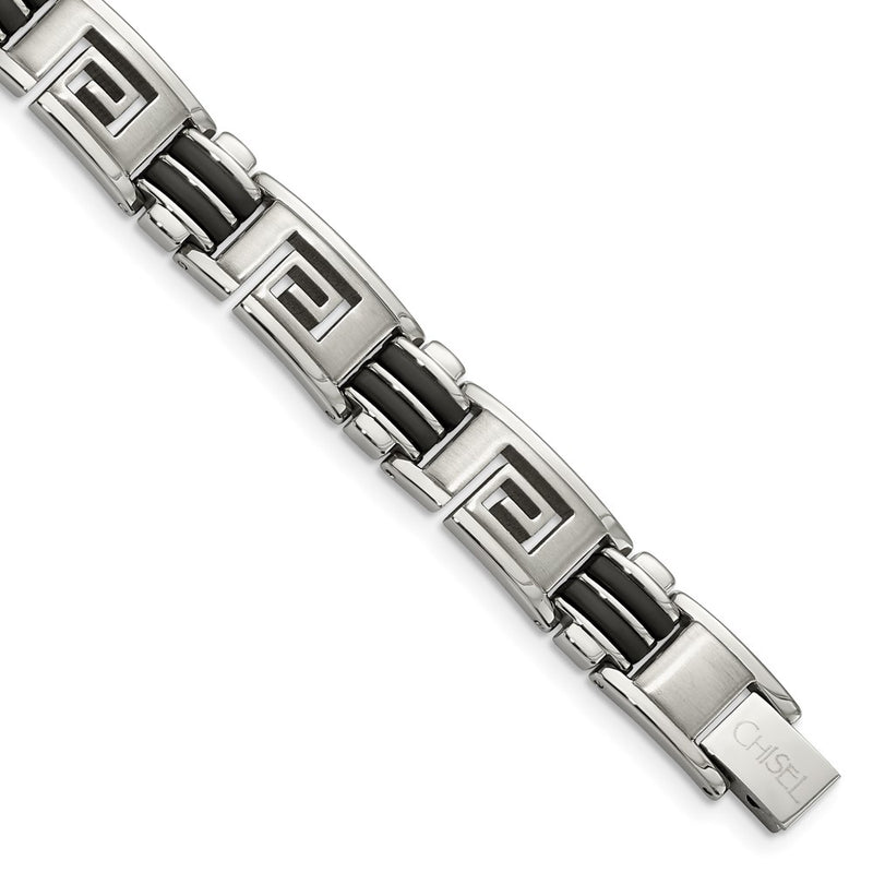 Stainless Steel Chisel Brushed And Polished Black Rubber Inlay Greek Key 8.5 Inch Bracelet