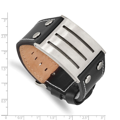 8.75 Inch Stainless Steel Brushed Black Leather Adjustable Buckle 8.75In Bracelet