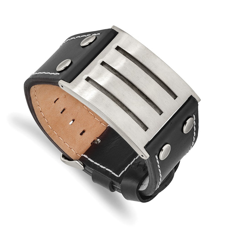 8.75 Inch Stainless Steel Brushed Black Leather Adjustable Buckle 8.75In Bracelet