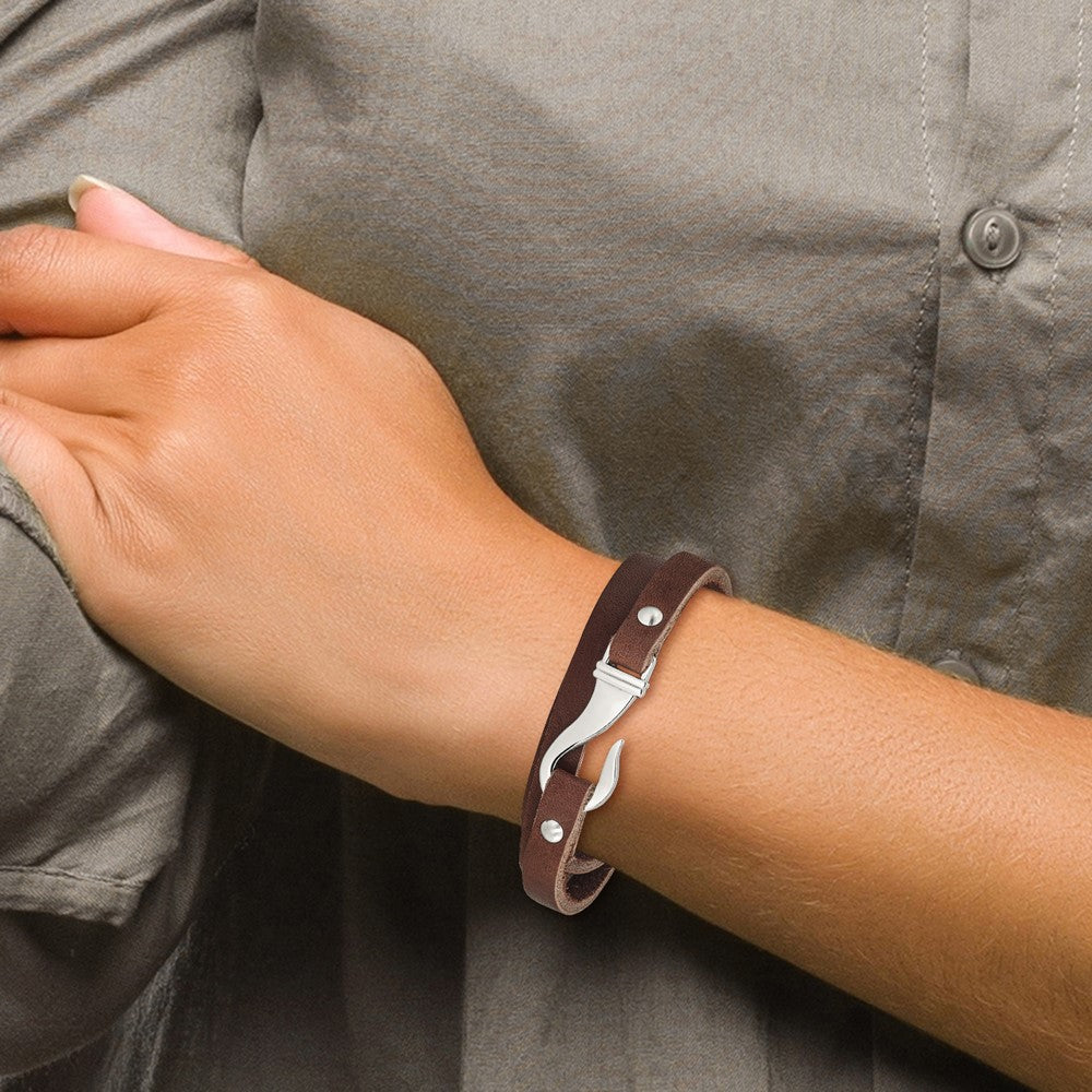 Stainless Steel Chisel Polished Brown Leather 24 Inch Wrap Bracelet