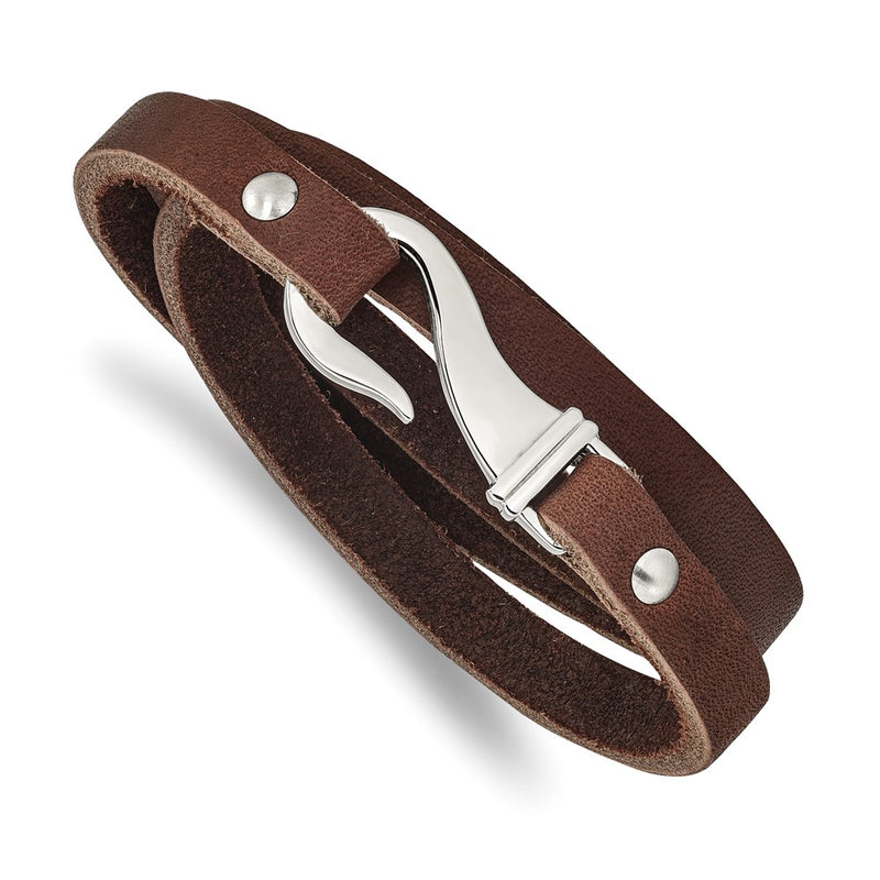 Stainless Steel Chisel Polished Brown Leather 24 Inch Wrap Bracelet