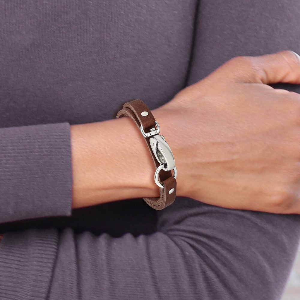 Stainless Steel Chisel Polished Dark Brown Leather 25 Inch Wrap Bracelet