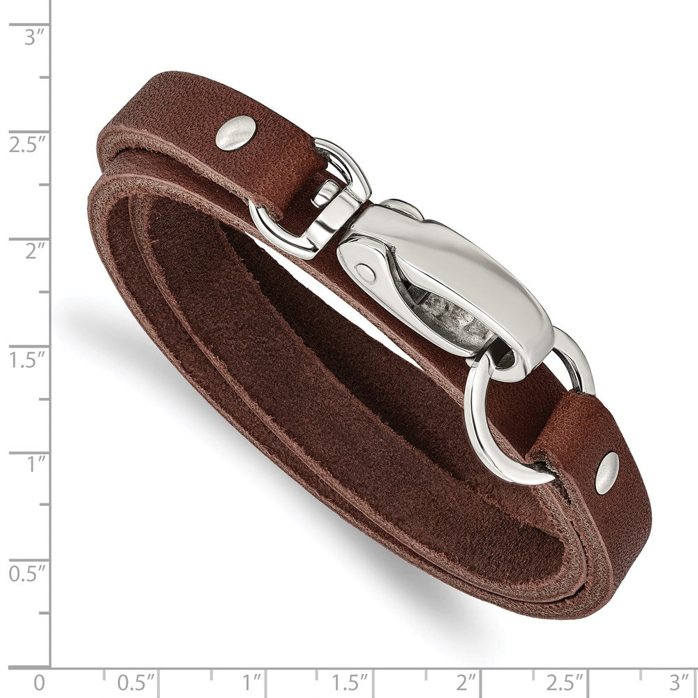 Stainless Steel Chisel Polished Dark Brown Leather 25 Inch Wrap Bracelet