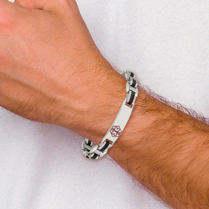 Stainless Steel Chisel Polished With Red Enamel And Black Rubber Medical Id 8 Inch Link Bracelet