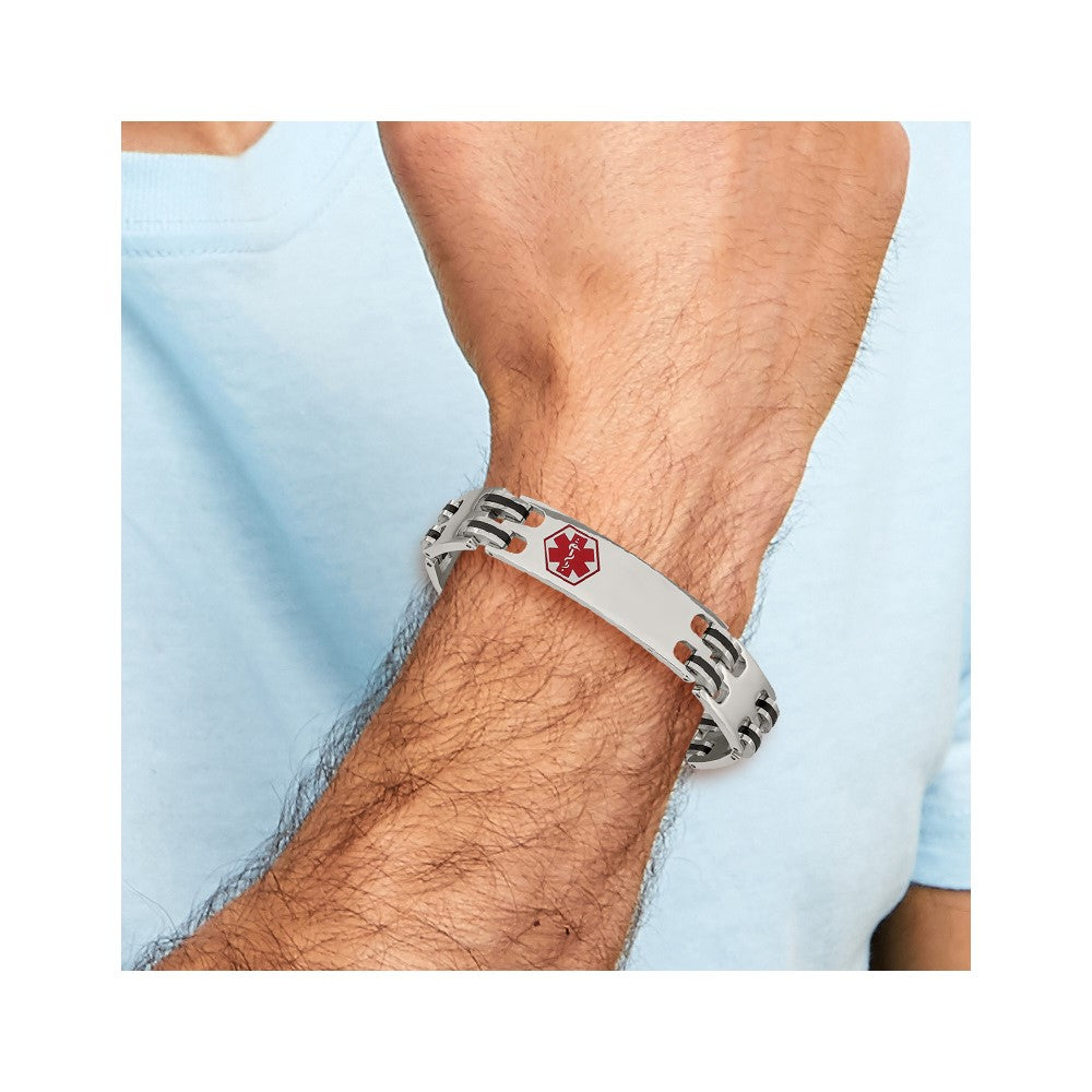 Stainless Steel Chisel Polished With Red Enamel And Black Rubber Medical Id 8.25 Inch Bracelet