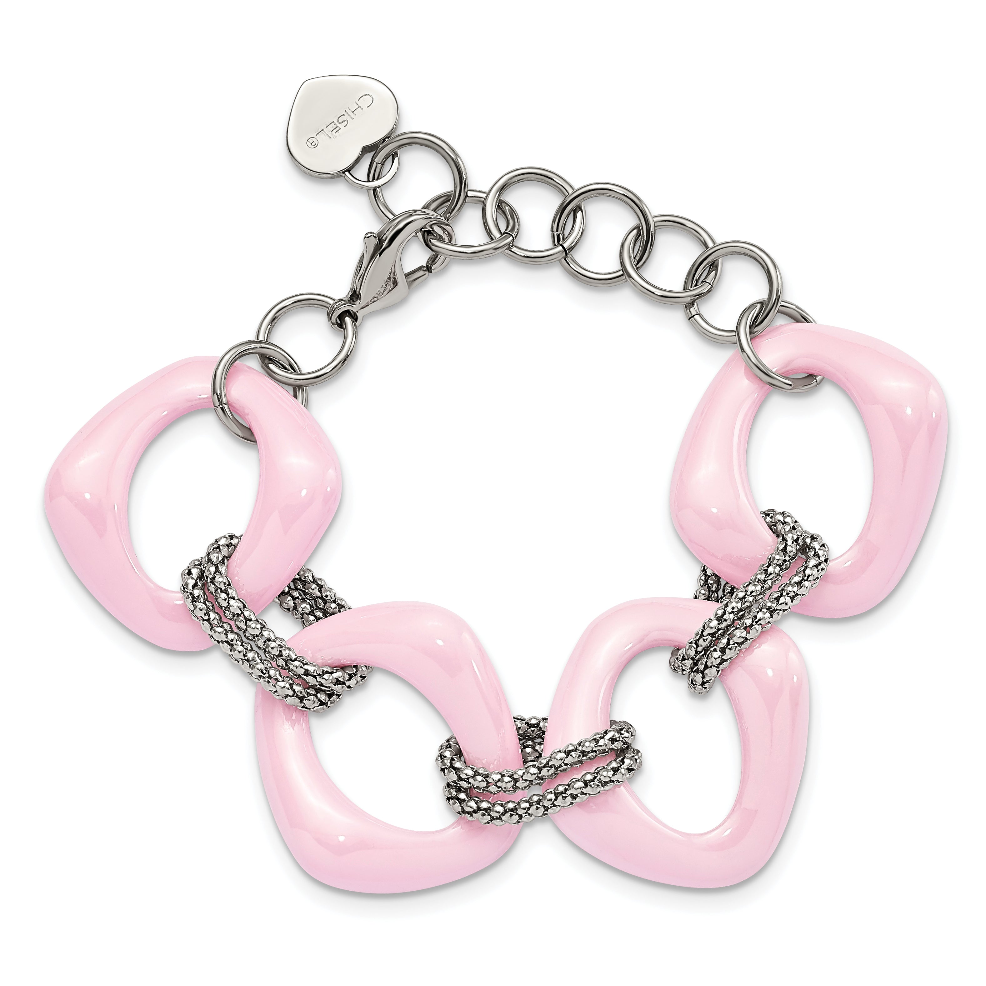 Stainless Steel Chisel Polished With Pink Ceramic 8 Inch Open Link Bracelet