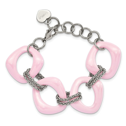 Stainless Steel Chisel Polished With Pink Ceramic 8 Inch Open Link Bracelet