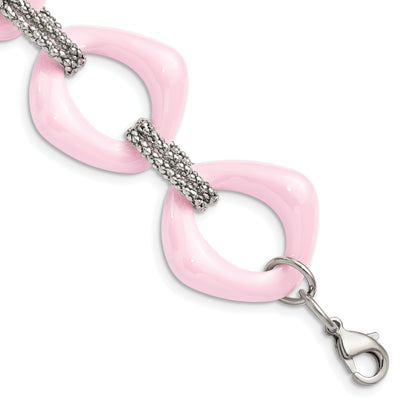 Stainless Steel Chisel Polished With Pink Ceramic 8 Inch Open Link Bracelet