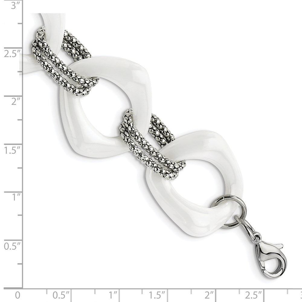 Stainless Steel Chisel Polished With White Ceramic 8 Inch Open Link Bracelet