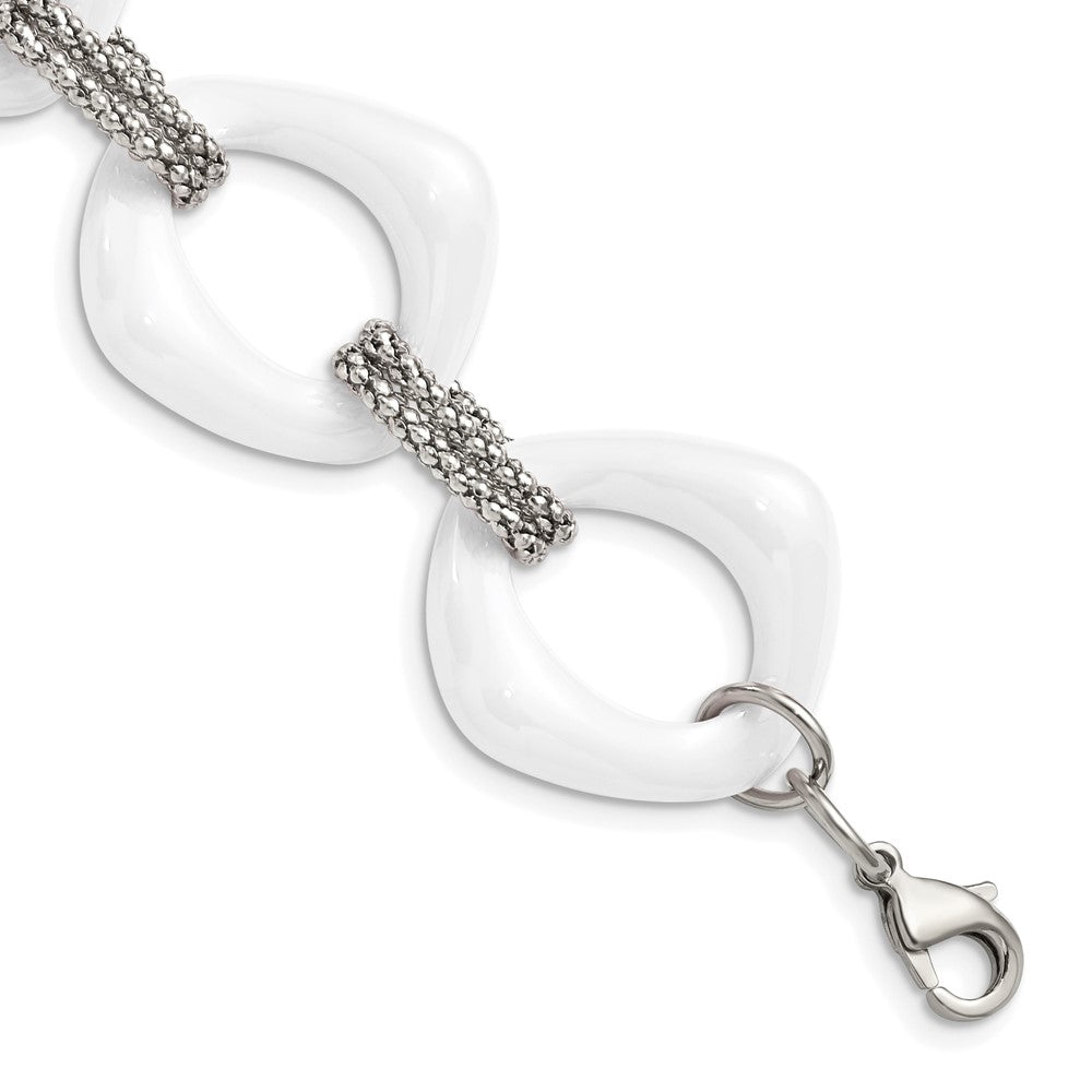 Stainless Steel Chisel Polished With White Ceramic 8 Inch Open Link Bracelet