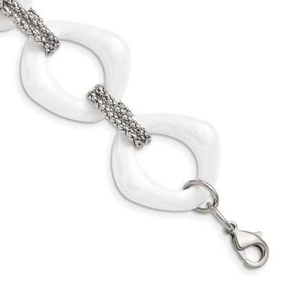 Stainless Steel Chisel Polished With White Ceramic 8 Inch Open Link Bracelet