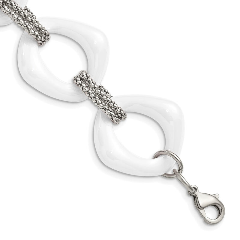 Stainless Steel Chisel Polished With White Ceramic 8 Inch Open Link Bracelet