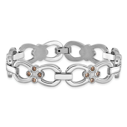 7.75 Inch Stainless Steel Polished W/ Brown Cz Fancy Link Bracelet