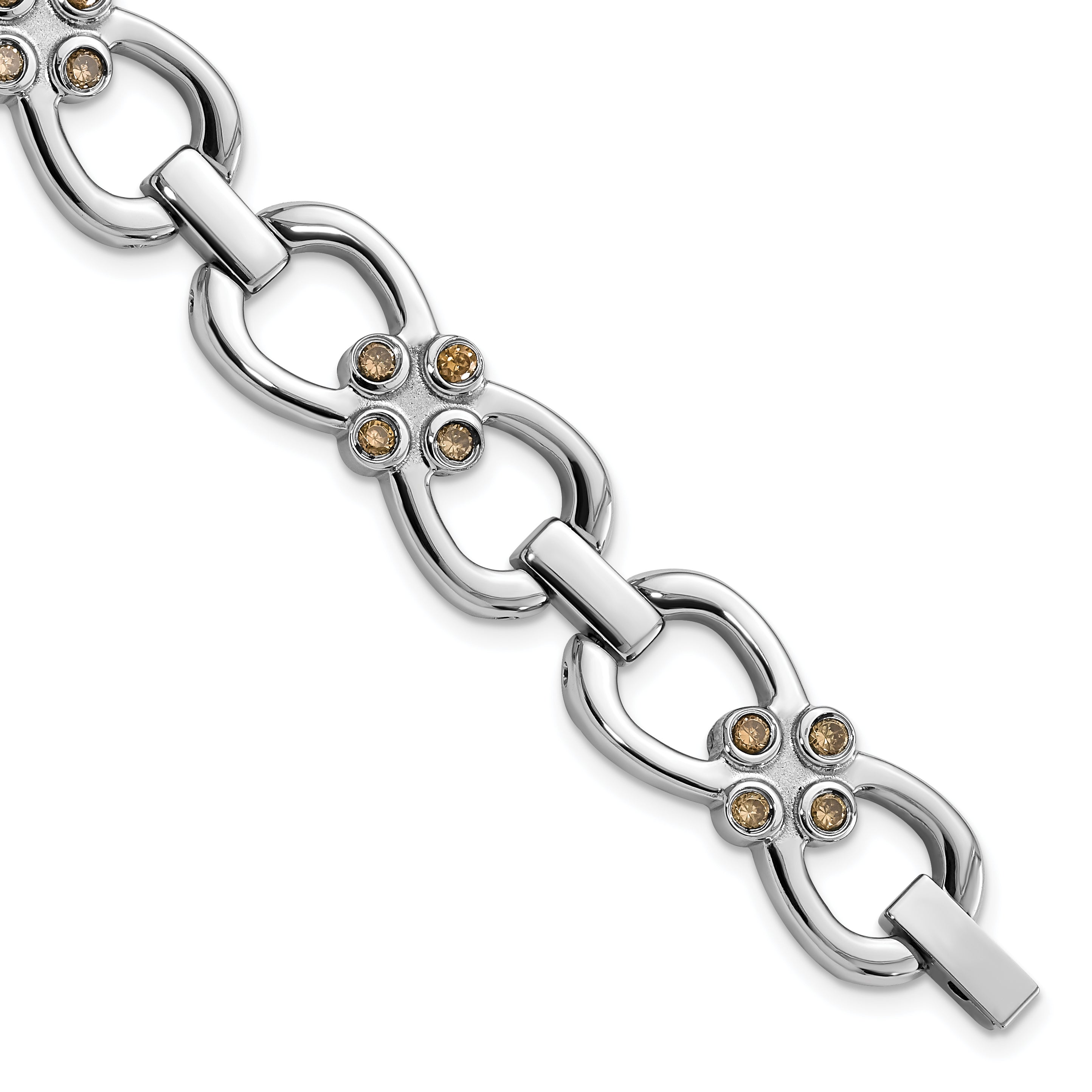 7.75 Inch Stainless Steel Polished W/ Brown Cz Fancy Link Bracelet