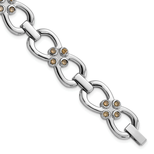 7.75 Inch Stainless Steel Polished W/ Brown Cz Fancy Link Bracelet