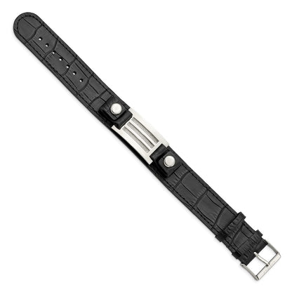 9 Inch Stainless Steel Polished Black Leather W/Stone Finish 9.5In Bracelet