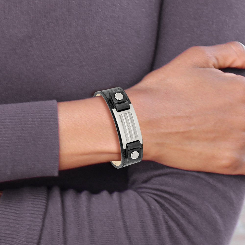 9 Inch Stainless Steel Polished Black Leather W/Stone Finish 9.5In Bracelet