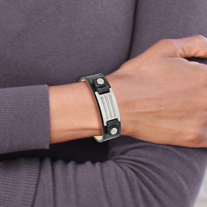 9 Inch Stainless Steel Polished Black Leather W/Stone Finish 9.5In Bracelet