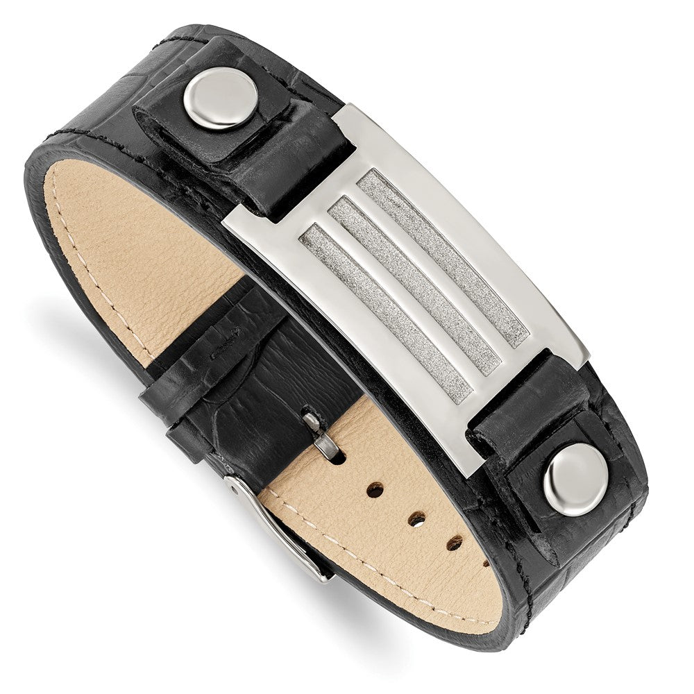 9 Inch Stainless Steel Polished Black Leather W/Stone Finish 9.5In Bracelet