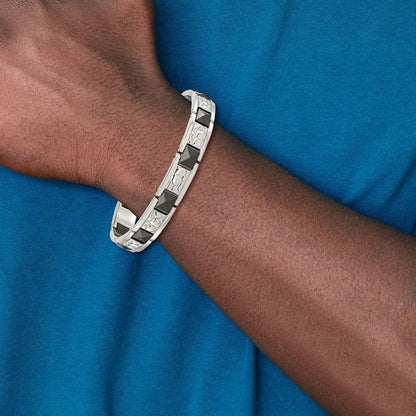 Stainless Steel Chisel Polished And Textured Black Ip-Plated 8.5 Inch Link Bracelet