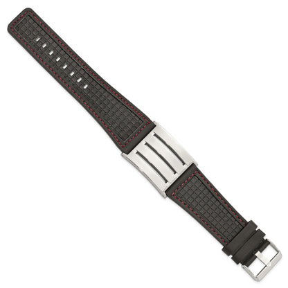 9.25 Inch Stainless Steel Black Leather W/ Red Trim Polished Buckle Bracelet