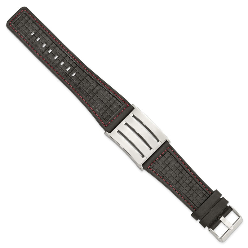 9.25 Inch Stainless Steel Black Leather W/ Red Trim Polished Buckle Bracelet