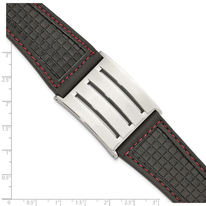 9.25 Inch Stainless Steel Black Leather W/ Red Trim Polished Buckle Bracelet