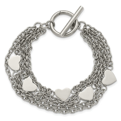 8 Inch Stainless Steel Polished Multistrand Hearts Chain Toggle Bracelet