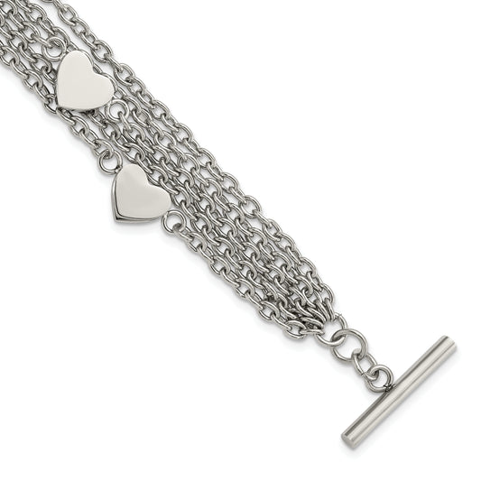 8 Inch Stainless Steel Polished Multistrand Hearts Chain Toggle Bracelet