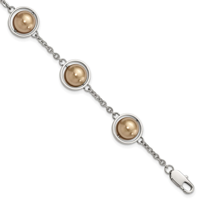 8.5 Inch Stainless Steel Polished Champagne Beads W/1In Ext Bracelet