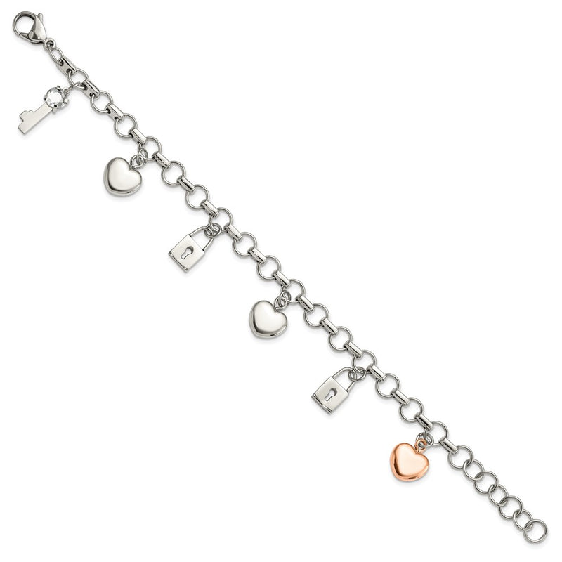 8.5 Inch Stainless Steel Rose Ip-Plated Polished Cz Heart, Lock & Key W/ 1In Ext Bracelet