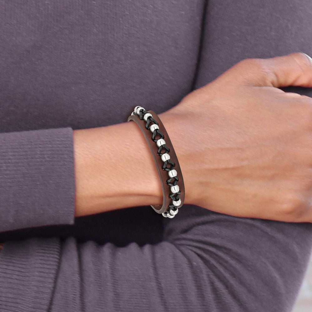 Stainless Steel Chisel Black And Brown Leather With Polished Beads 8.5 Inch Bracelet