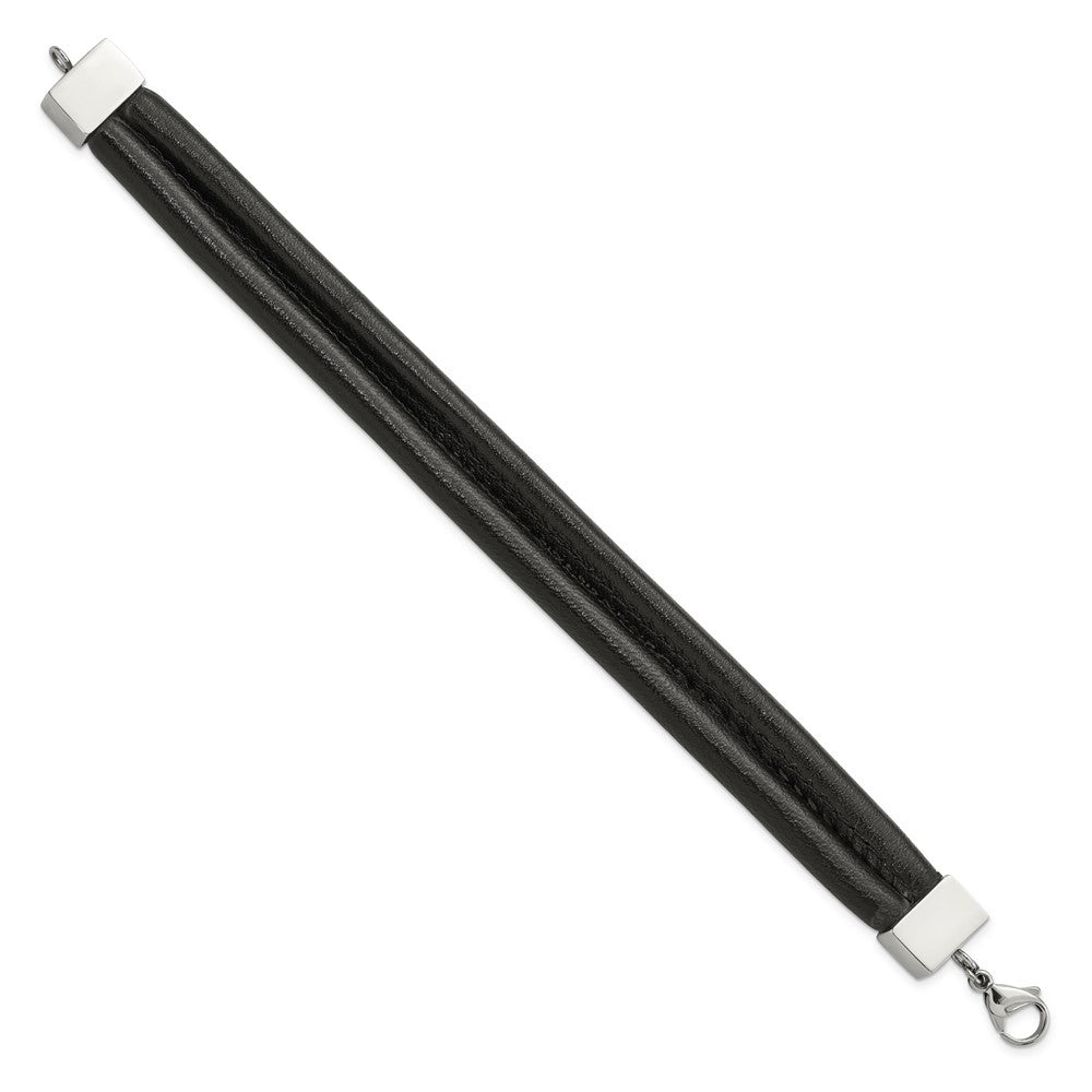 8.5 Inch Stainless Steel Polished Black Leather Double Row 8.5In Bracelet