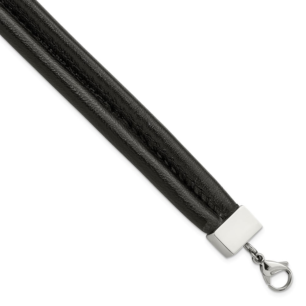 8.5 Inch Stainless Steel Polished Black Leather Double Row 8.5In Bracelet