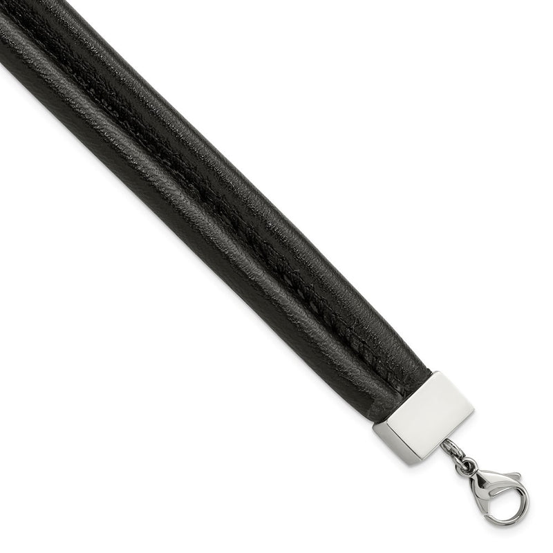 8.5 Inch Stainless Steel Polished Black Leather Double Row 8.5In Bracelet
