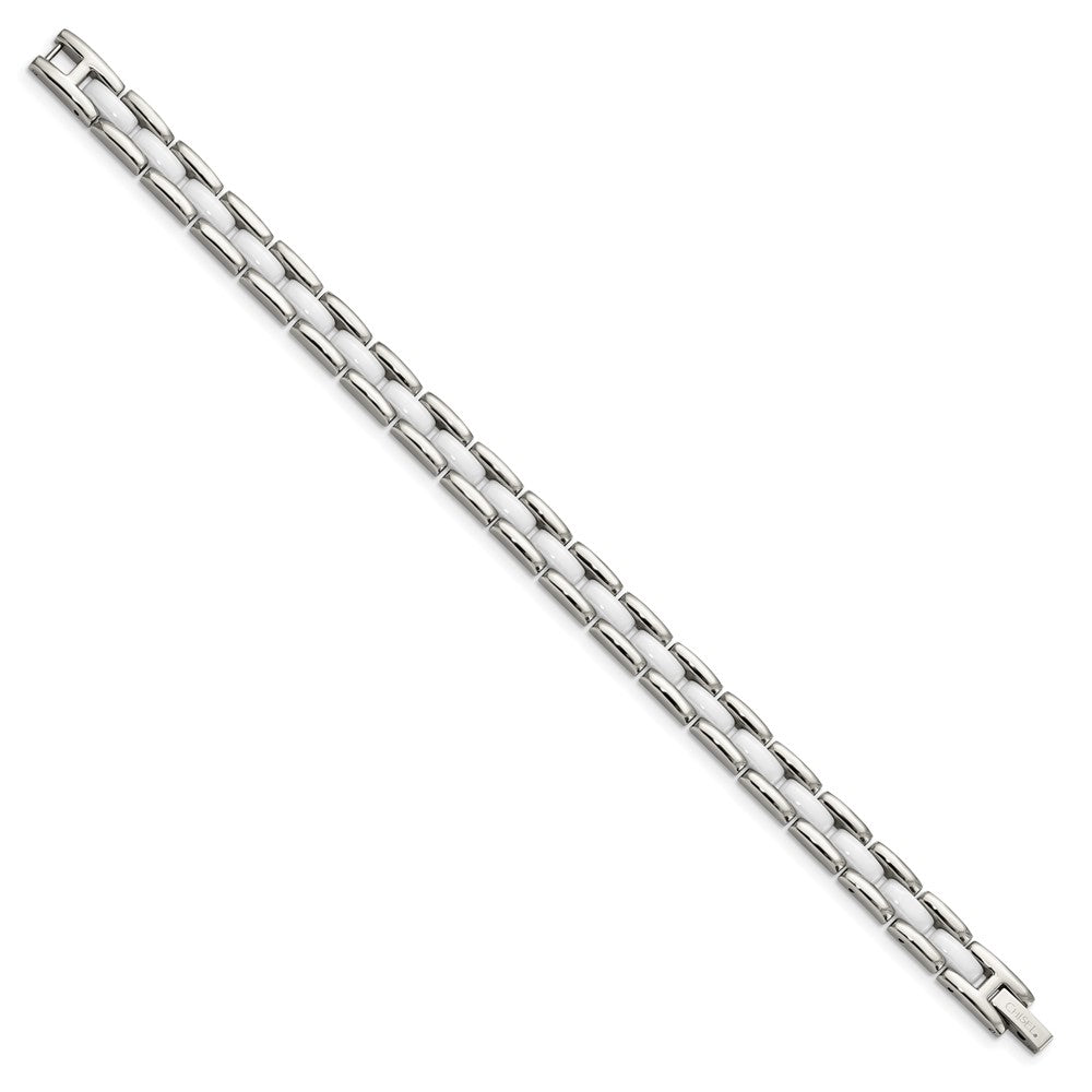 Stainless Steel Chisel Polished With White Ceramic 8 Inch Link Bracelet