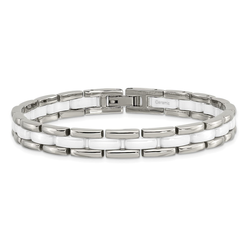 Stainless Steel Chisel Polished With White Ceramic 8 Inch Link Bracelet