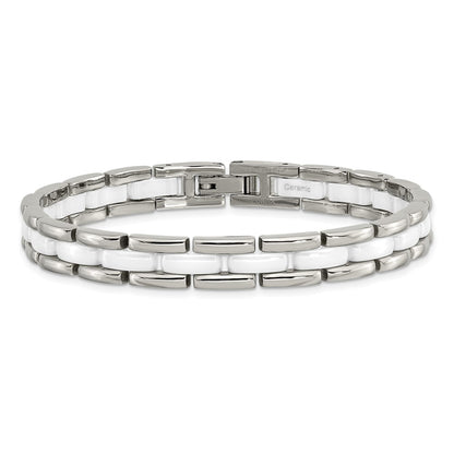 Stainless Steel Chisel Polished With White Ceramic 8 Inch Link Bracelet