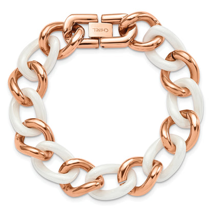 7.5 Inch Chisel Stainless Steel Polished Rose Ip-Plated With White Ceramic 8.25 Open Link Bracelet
