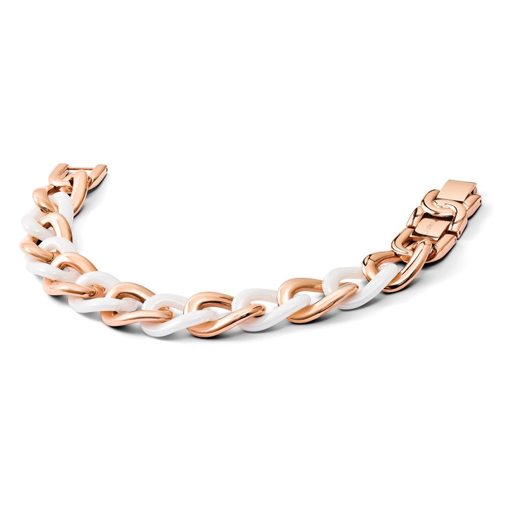 7.5 Inch Chisel Stainless Steel Polished Rose Ip-Plated With White Ceramic 8.25 Open Link Bracelet