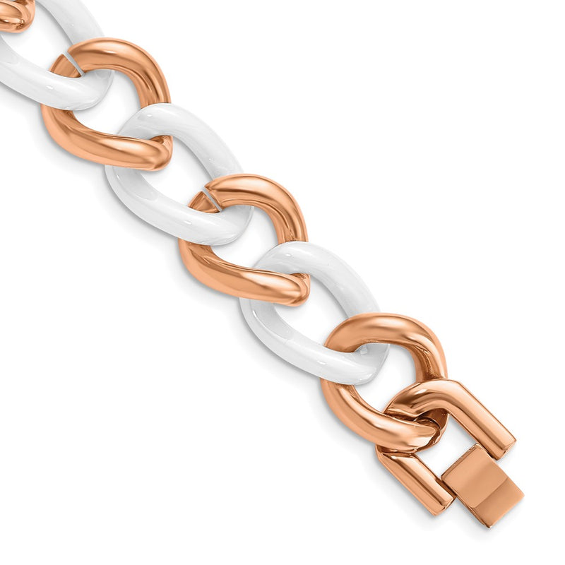 7.5 Inch Chisel Stainless Steel Polished Rose Ip-Plated With White Ceramic 8.25 Open Link Bracelet
