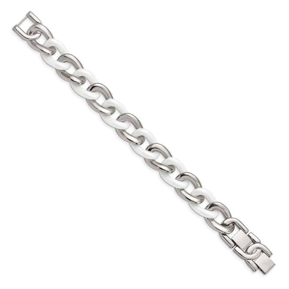 Stainless Steel Chisel Polished With White Ceramic 7.5 Inch Curb Link Bracelet 1 Extension