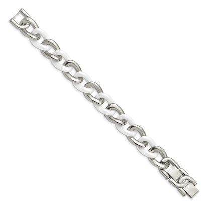 Stainless Steel Chisel Polished With White Ceramic 7.5 Inch Curb Link Bracelet 1 Extension